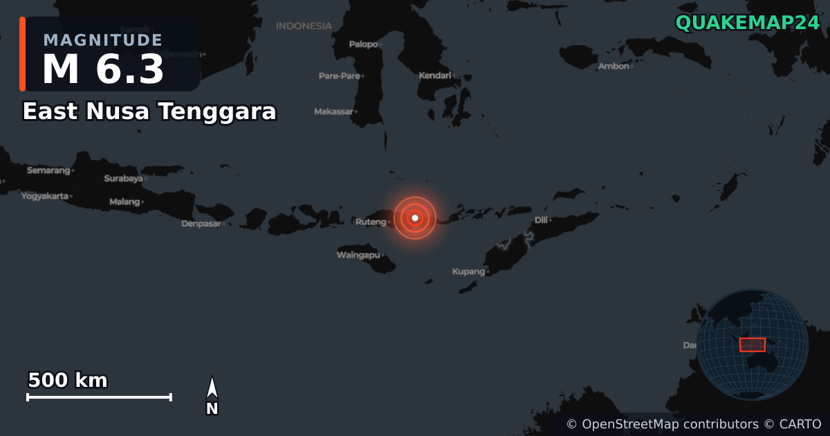Sismo de M6,3 perto de East Nusa Tenggara (Indonésia) · 2026-08-14 — Mapa da localização do epicentro