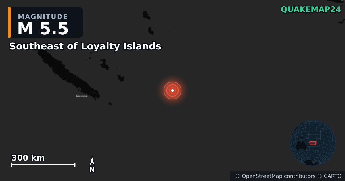 M5.5 earthquake near Southeast of Loyalty Islands on Jan 19, 2026 — map of epicenter and shaking intensity | QuakeMap24