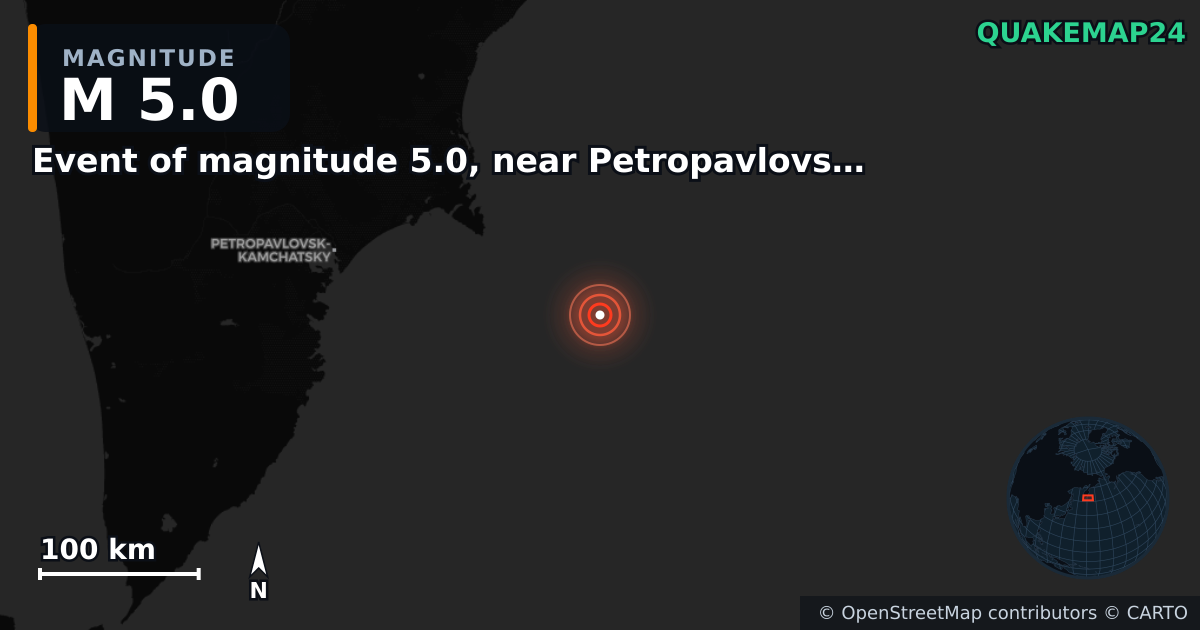 Erdbeben M5,0 bei Event of magnitude 5.0, near Petropavlovsk Kamchatskiy (Monde) — Karte der Lage des Epizentrums