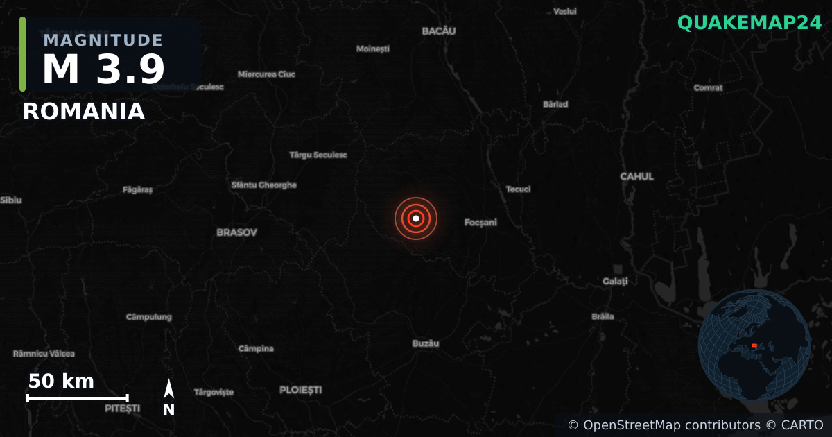 M3.9 earthquake near ROMANIA on May 18, 2025 — map of epicenter and shaking intensity | QuakeMap24