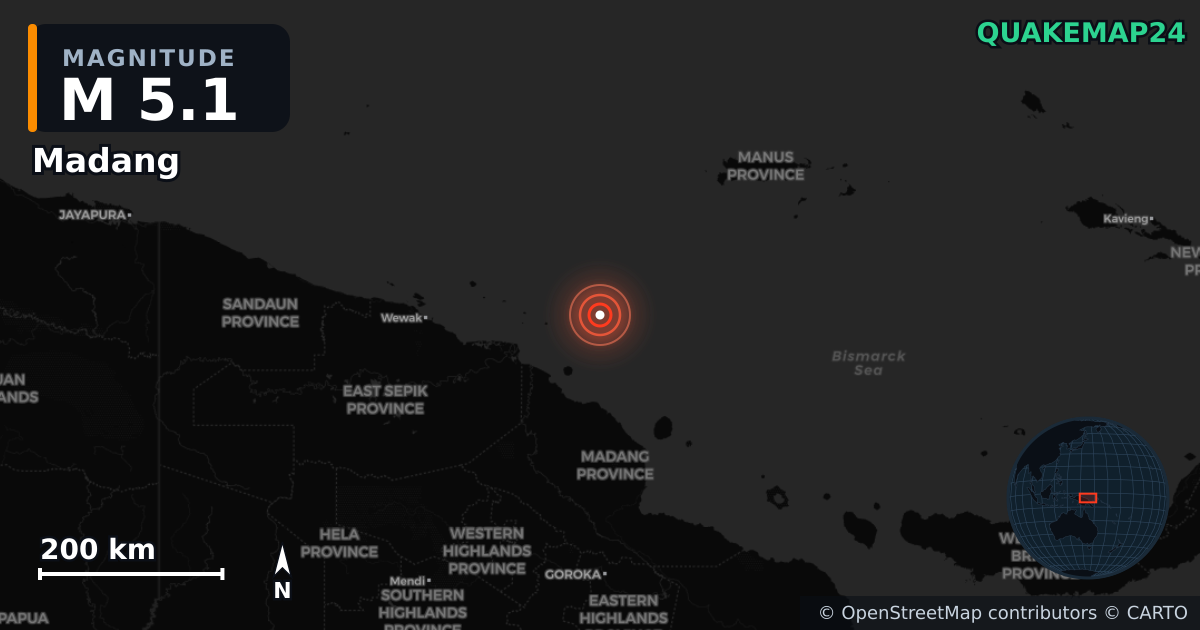 M5.1 earthquake near Madang on May 17, 2025 — map of epicenter and shaking intensity | QuakeMap24
