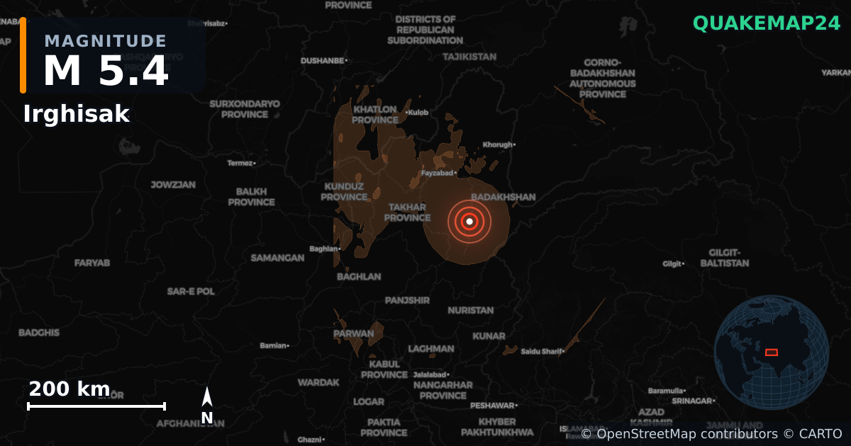 M5.4 earthquake near Irghisak on Jun 27, 2026 — map of epicenter and shaking intensity | QuakeMap24