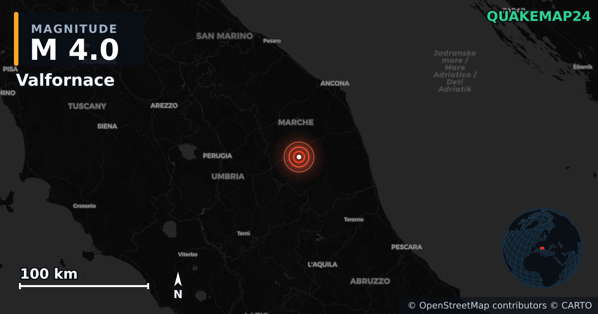 M4.0 Earthquake near Valfornace, Marche (Italy) · 2026-05-23 — Map showing the location of the epicenter