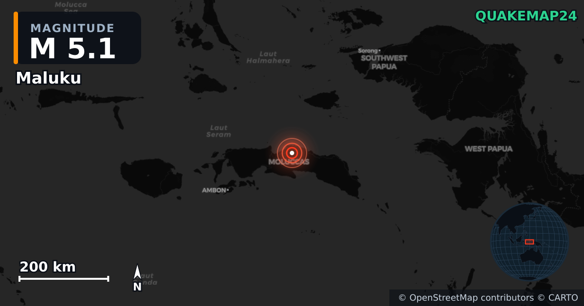 M5.1 earthquake near Maluku on Sep 27, 2025 — map of epicenter and shaking intensity | QuakeMap24