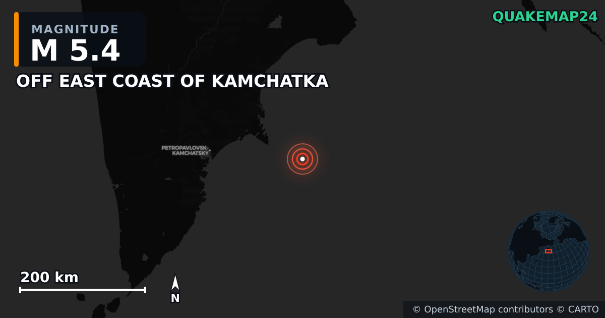 M5.4 earthquake near OFF EAST COAST OF KAMCHATKA on Jul 30, 2025 — map of epicenter and shaking intensity | QuakeMap24