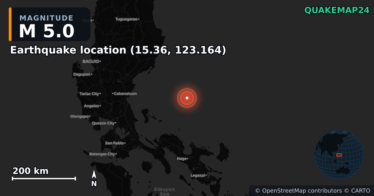 M5.0 earthquake near Deprem konumu (15.36, 123.164) on Oct 10, 2025 — map of epicenter and shaking intensity | QuakeMap24