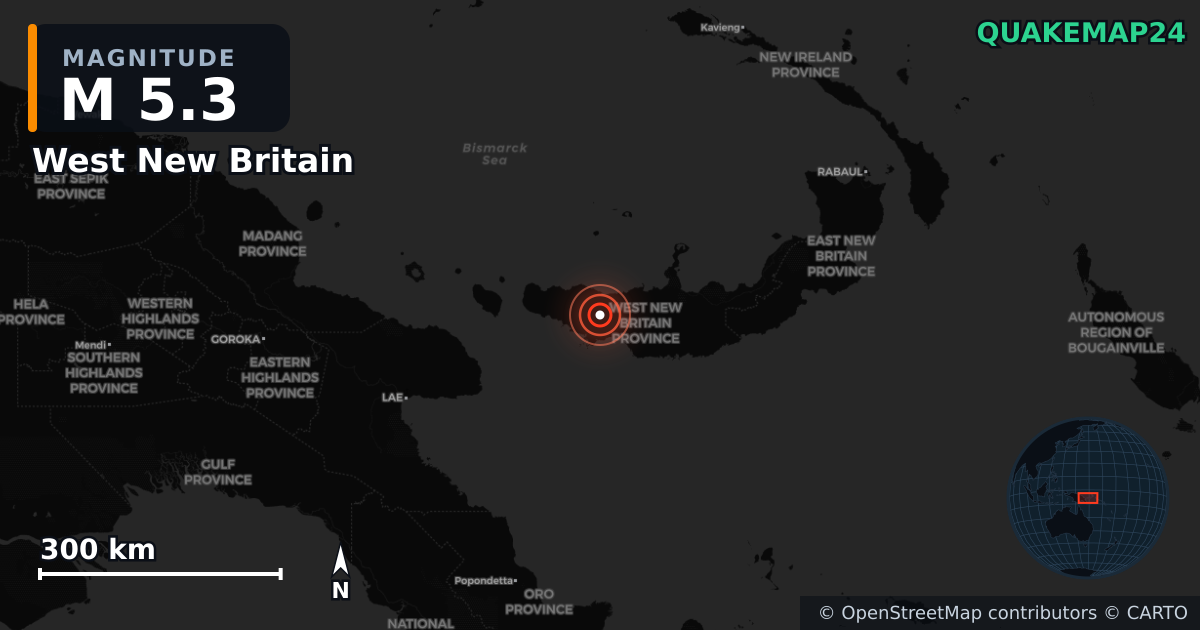 M5.3 earthquake near West New Britain on Nov 26, 2025 — map of epicenter and shaking intensity | QuakeMap24