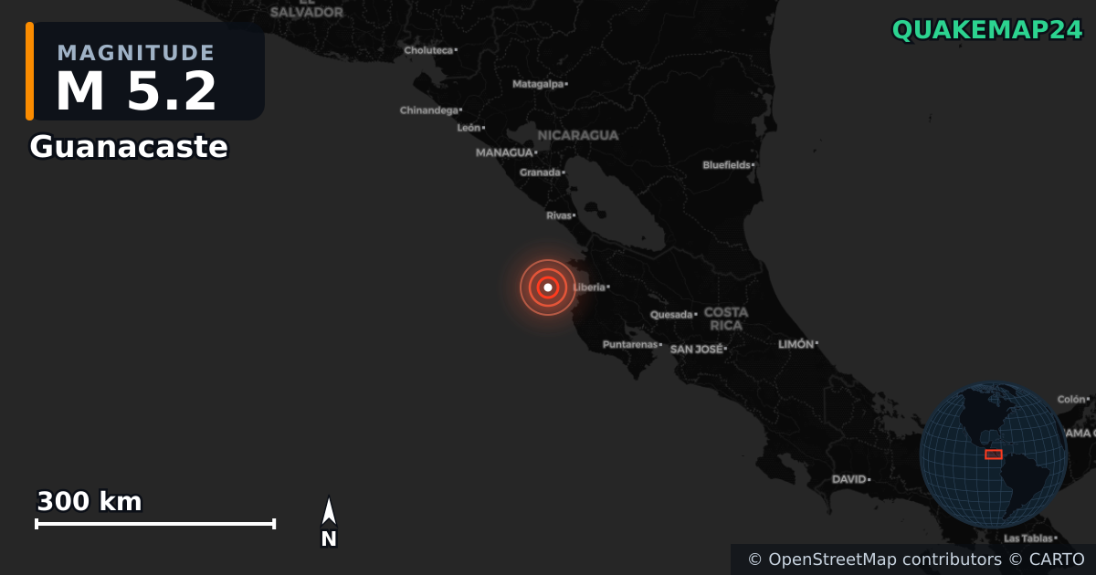 M5.2 earthquake near Guanacaste on Mar 4, 2026 — map of epicenter and shaking intensity | QuakeMap24