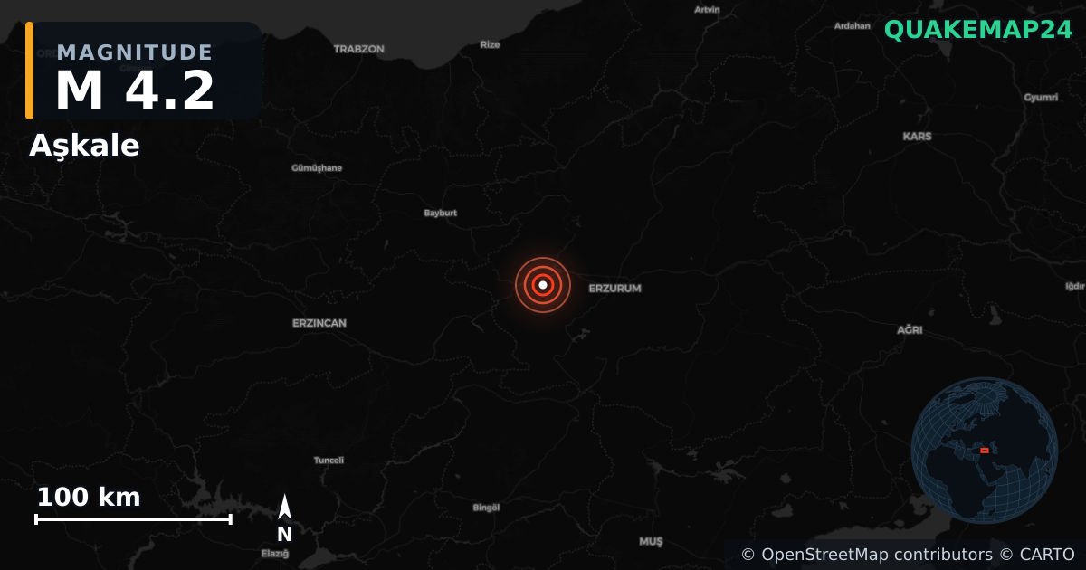 M4.2 earthquake near Aşkale on Sep 25, 2025 — map of epicenter and shaking intensity | QuakeMap24
