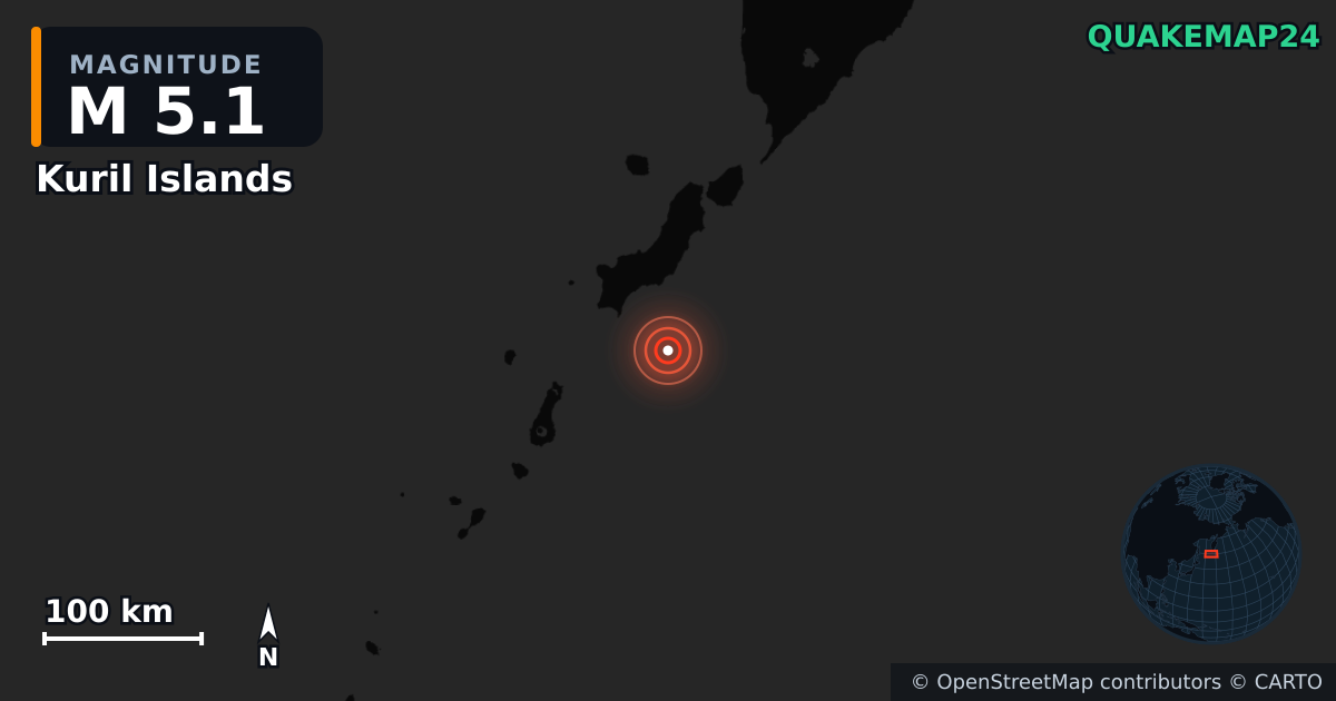 M5.1 earthquake near Kuril Islands on Jul 30, 2025 — map of epicenter and shaking intensity | QuakeMap24