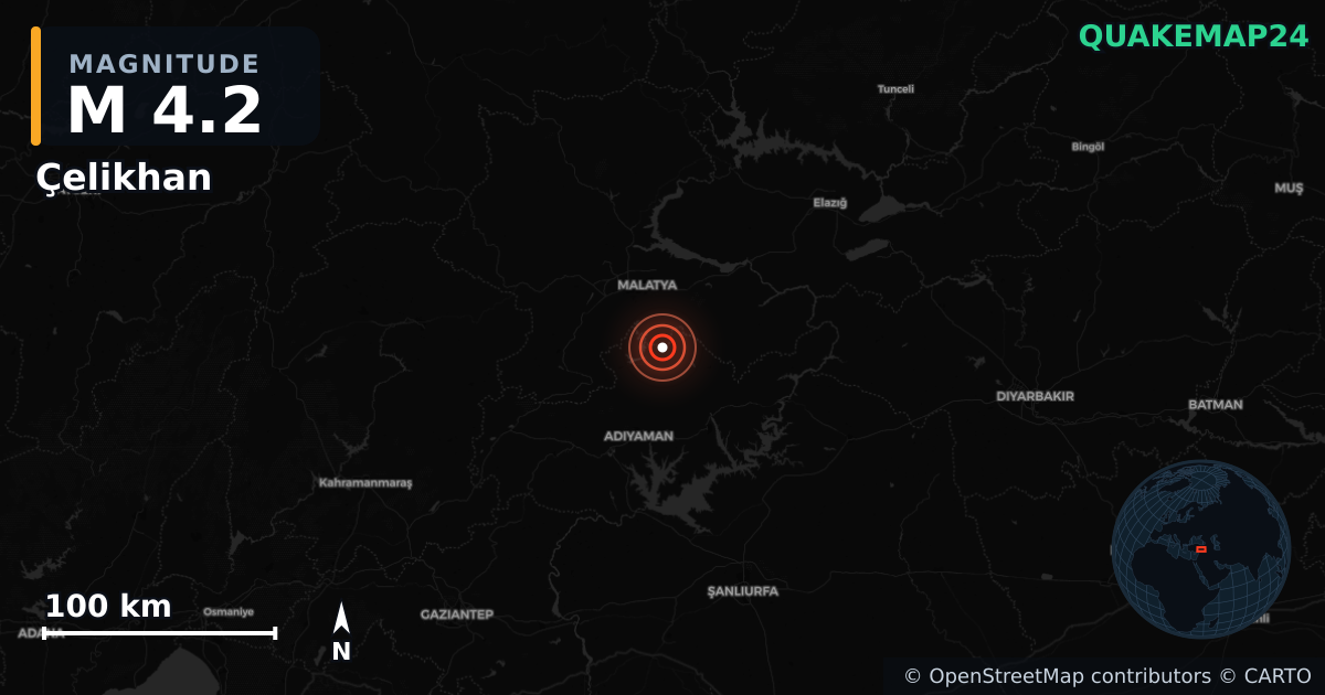 M4.2 earthquake near Çelikhan on Aug 25, 2026 — map of epicenter and shaking intensity | QuakeMap24