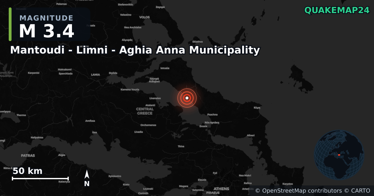M3.4 earthquake near Mantoudi - Limni - Aghia Anna Municipality on Aug 4, 2026 — map of epicenter and shaking intensity | QuakeMap24