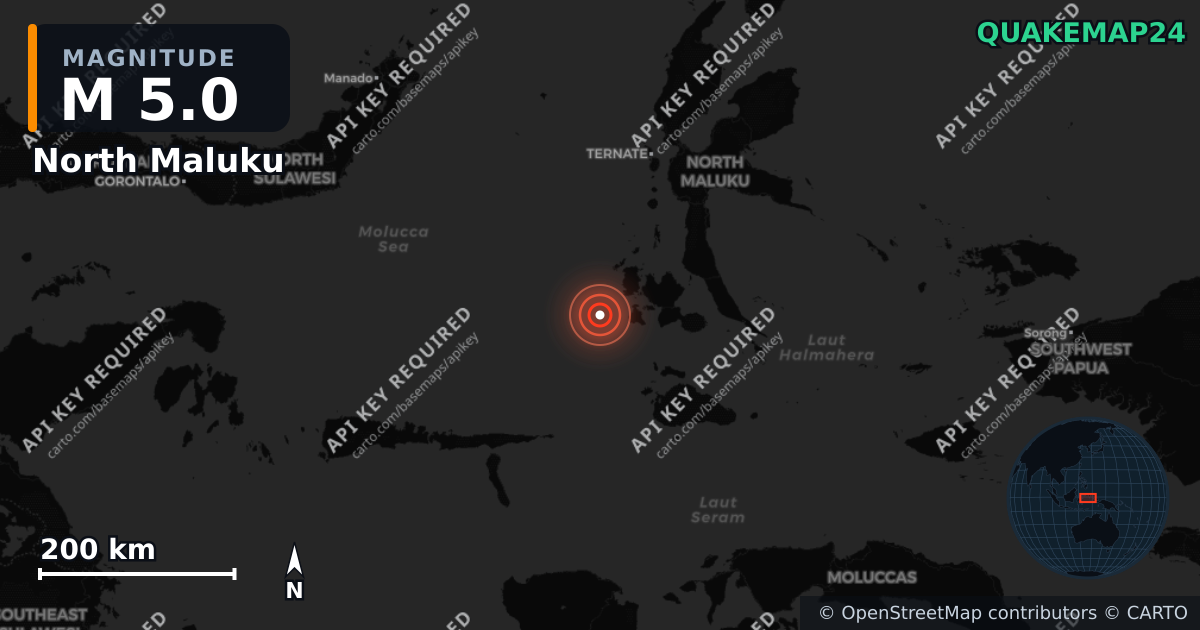 M5.0 earthquake near North Maluku on Aug 29, 2026 — map of epicenter and shaking intensity | QuakeMap24