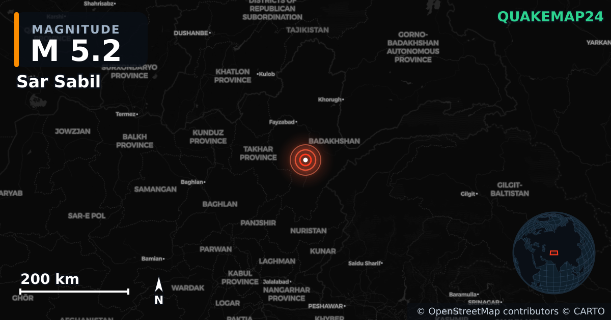 M5.2 earthquake near Sar Sabil on Jun 22, 2026 — map of epicenter and shaking intensity | QuakeMap24