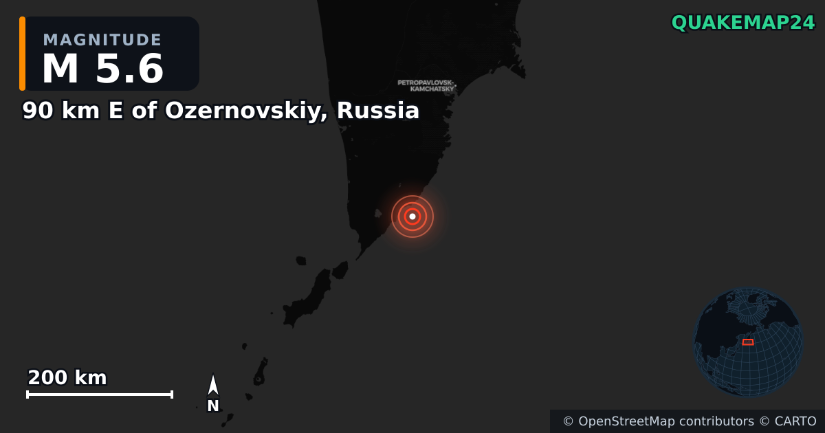 M5.6 earthquake near 90 km E of Ozernovskiy, Russia on Sep 19, 2025 — map of epicenter and shaking intensity | QuakeMap24