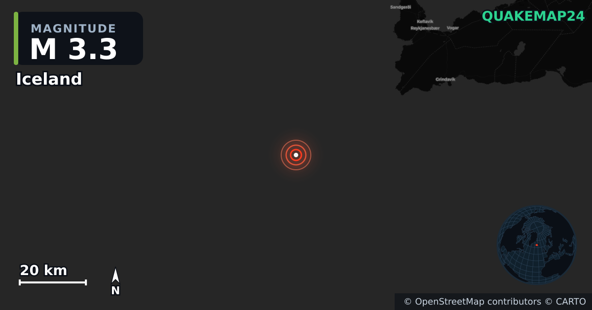 M3.3 earthquake near Iceland on Jun 22, 2026 — map of epicenter and shaking intensity | QuakeMap24