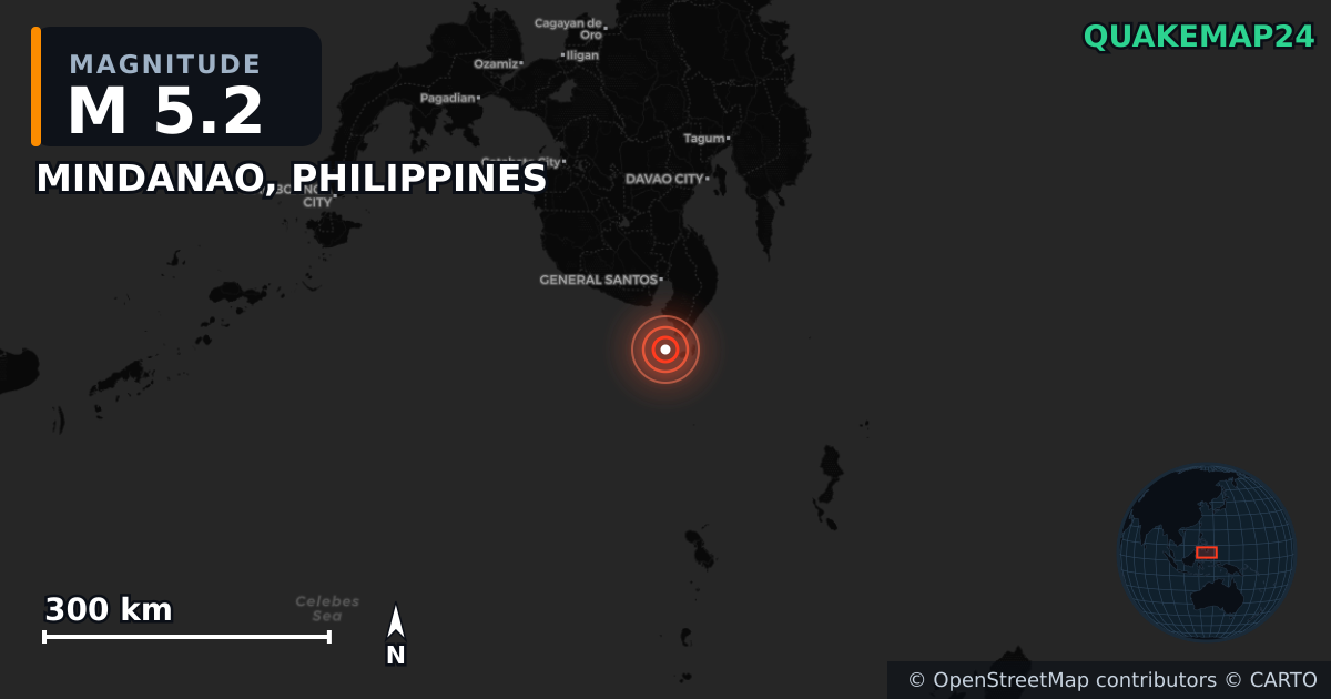 Σεισμός M5,2 κοντά στο MINDANAO, PHILIPPINES — Χάρτης της θέσης του επικέντρου