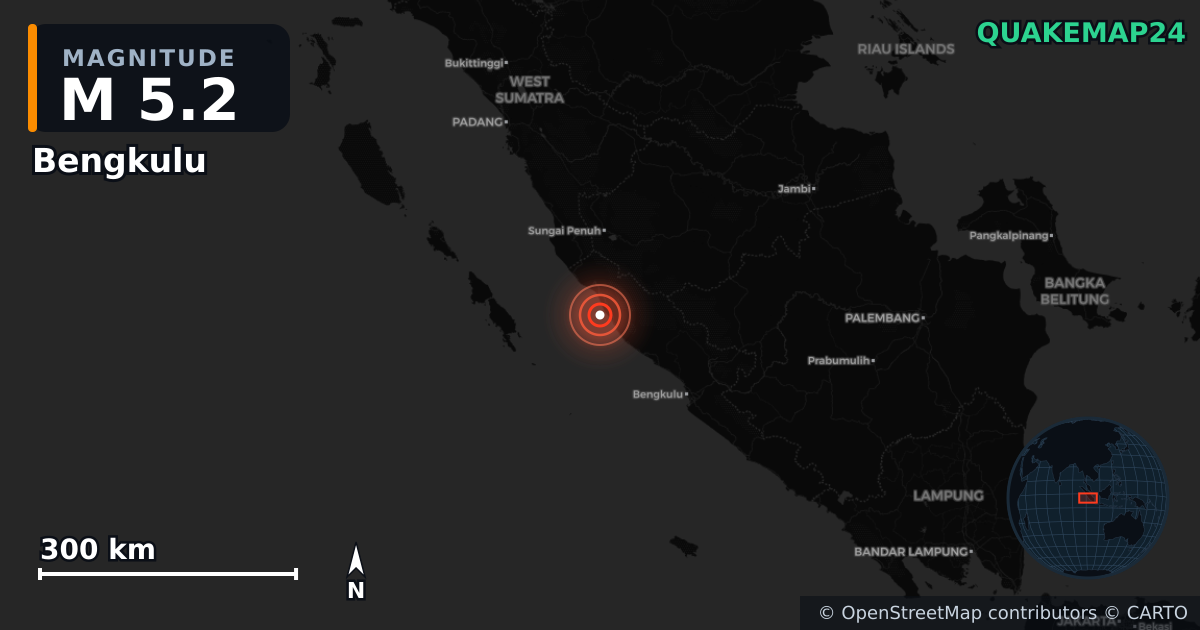 M5.2 earthquake near Bengkulu on Oct 3, 2025 — map of epicenter and shaking intensity | QuakeMap24