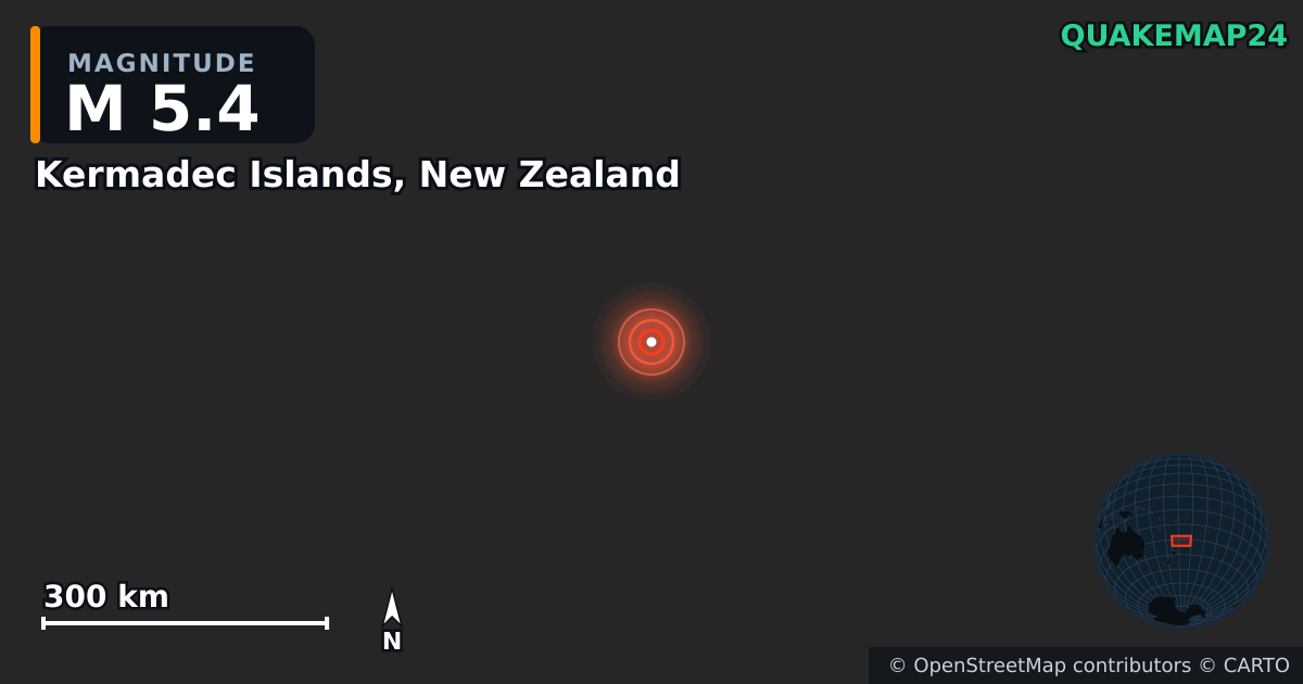 M5.4 earthquake near Kermadec Islands, New Zealand on May 29, 2025 — map of epicenter and shaking intensity | QuakeMap24