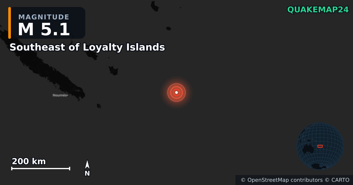 M5.1 earthquake near Southeast of Loyalty Islands on Jan 20, 2026 — map of epicenter and shaking intensity | QuakeMap24