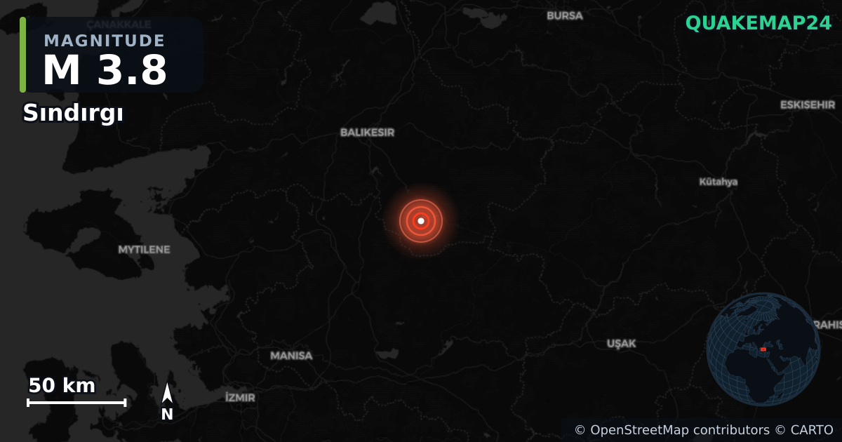 M3.8 earthquake near Sındırgı on Aug 11, 2025 — map of epicenter and shaking intensity | QuakeMap24