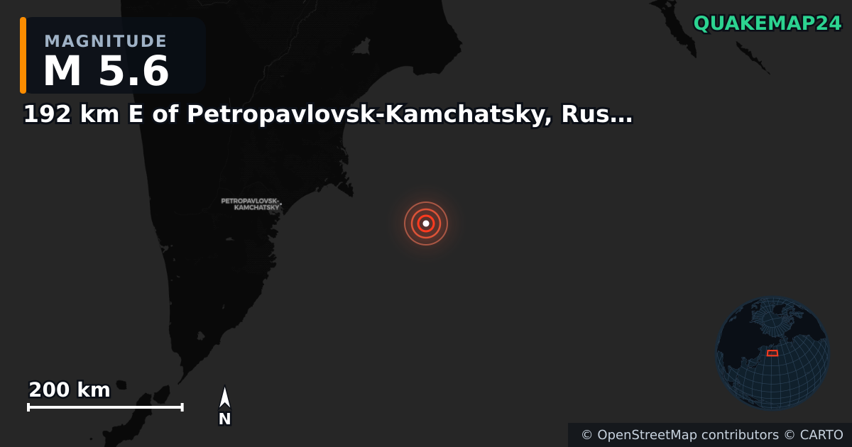 M5.6 earthquake near 192 km E of Petropavlovsk-Kamchatsky, Russia on Aug 1, 2025 — map of epicenter and shaking intensity | QuakeMap24