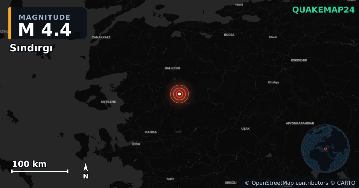 M4.4 earthquake near Sındırgı on Aug 11, 2025 — map of epicenter and shaking intensity | QuakeMap24