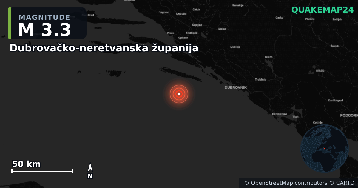 M3.3 earthquake near Dubrovačko-neretvanska županija on Feb 18, 2026 — map of epicenter and shaking intensity | QuakeMap24