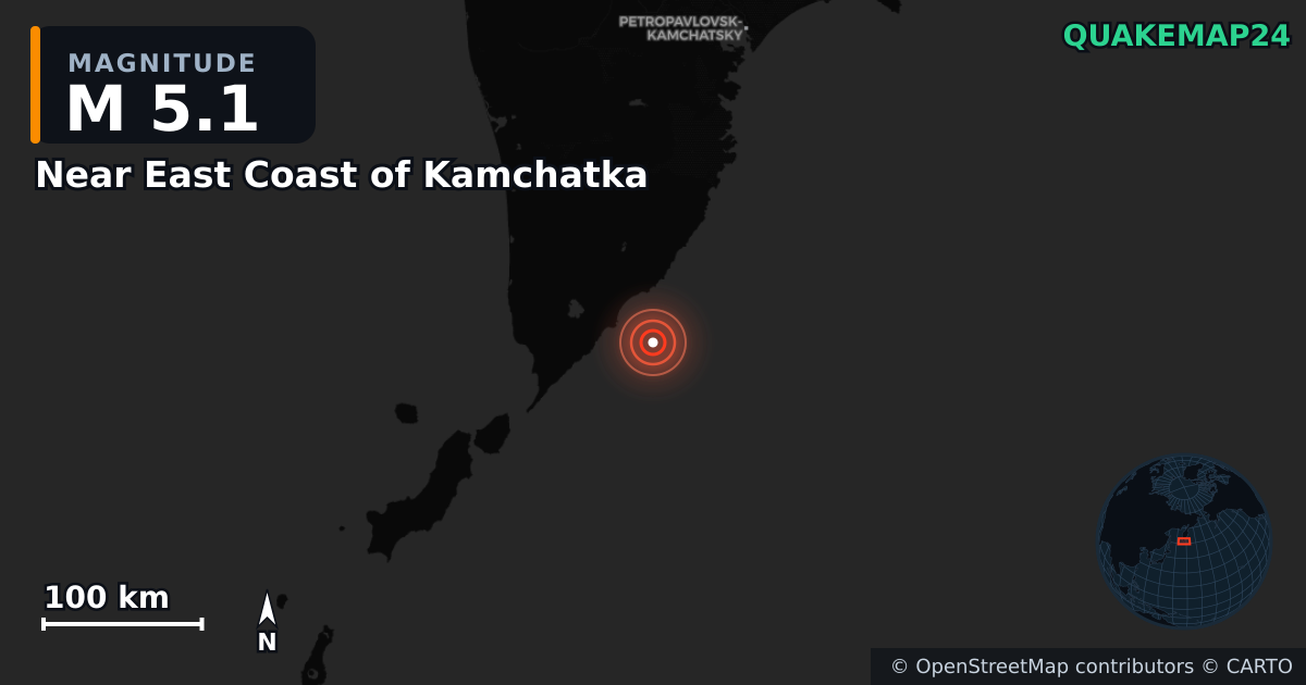 M5.1 earthquake near Near East Coast of Kamchatka on Jul 30, 2025 — map of epicenter and shaking intensity | QuakeMap24