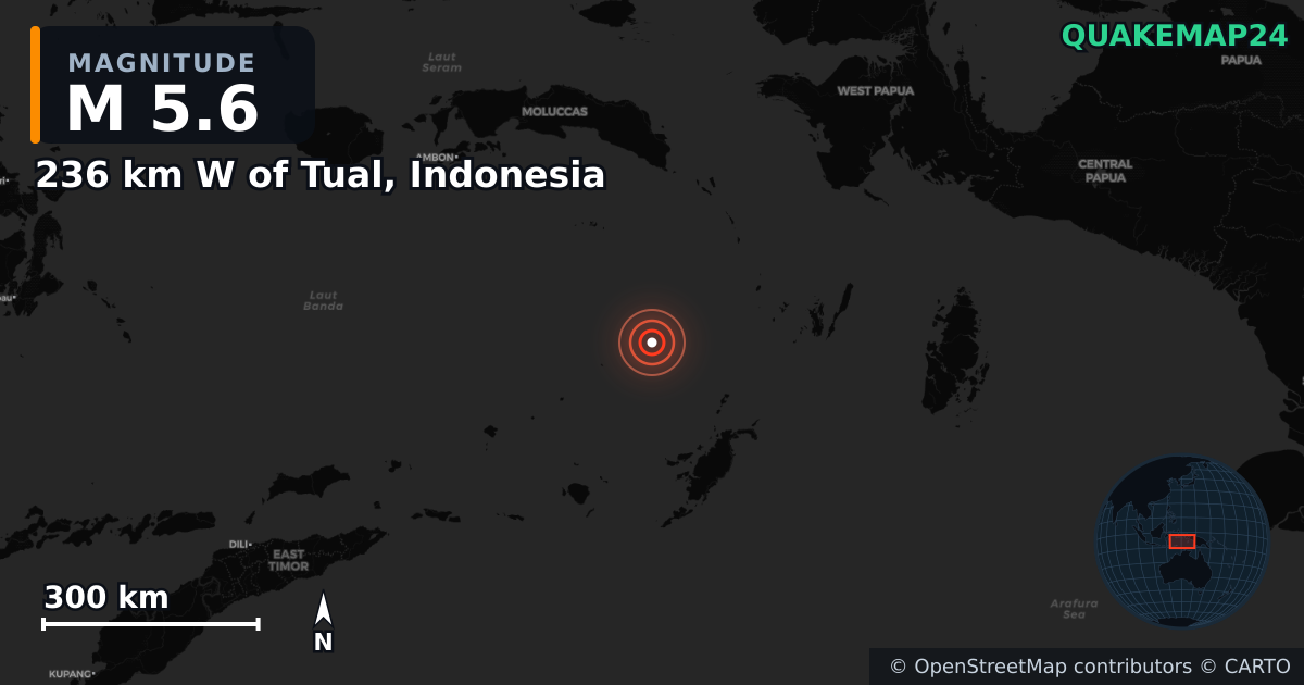 M5.6 earthquake near 236 km W of Tual, Indonesia on Feb 28, 2025 — map of epicenter and shaking intensity | QuakeMap24