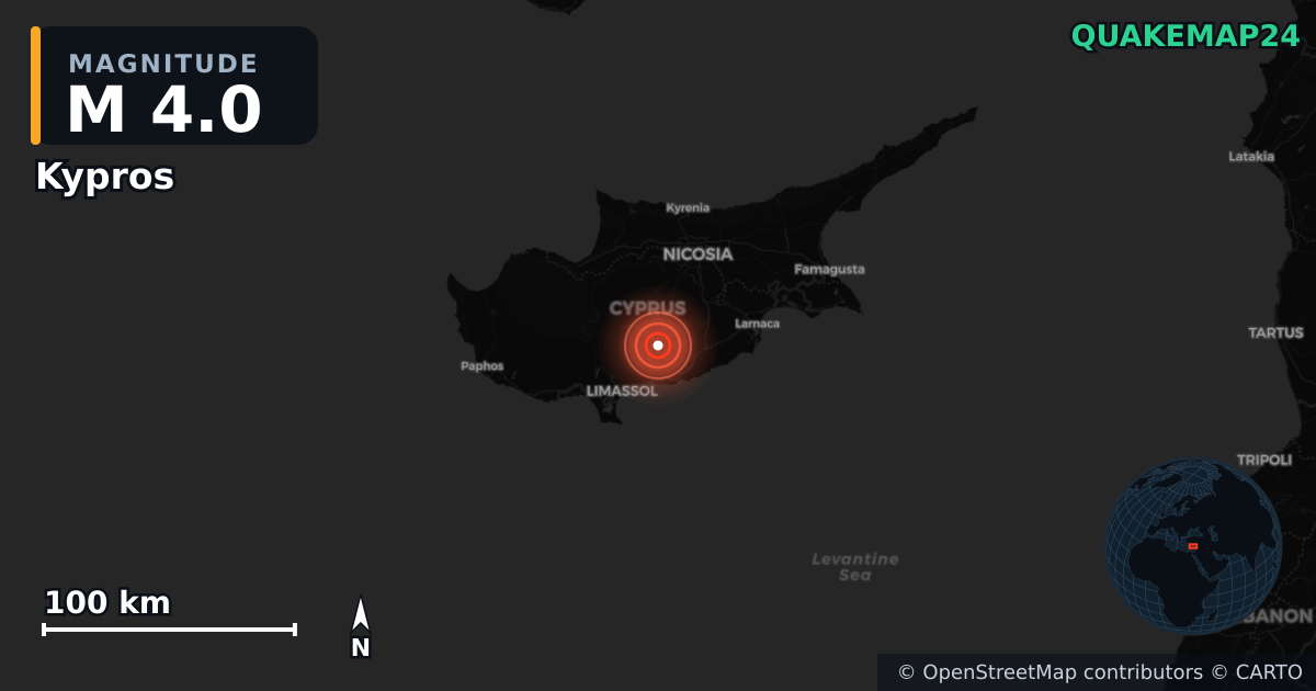 M4.0 earthquake near Kypros on Sep 6, 2025 — map of epicenter and shaking intensity | QuakeMap24