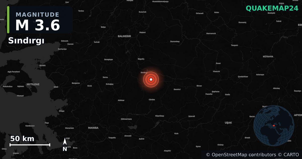 M3.6 earthquake near Sındırgı on Oct 29, 2025 — map of epicenter and shaking intensity | QuakeMap24