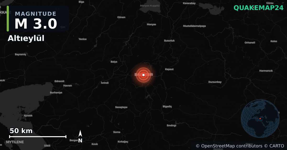 M3.0 earthquake near Altıeylül on Aug 24, 2026 — map of epicenter and shaking intensity | QuakeMap24