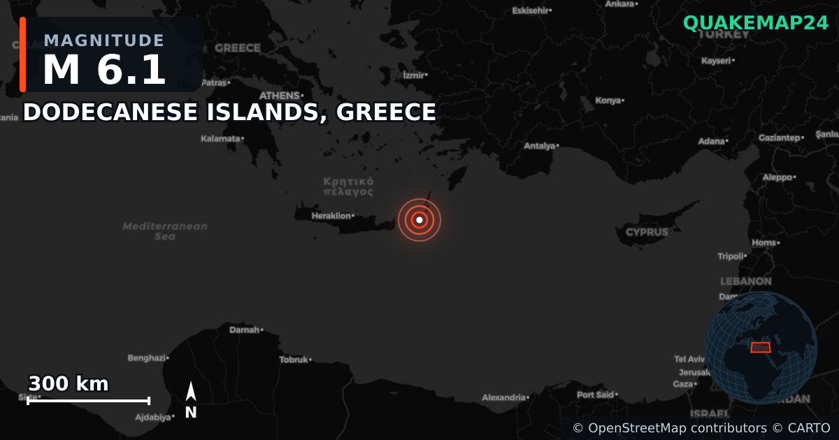 M6.1 earthquake near DODECANESE ISLANDS, GREECE on May 13, 2025 — map of epicenter and shaking intensity | QuakeMap24