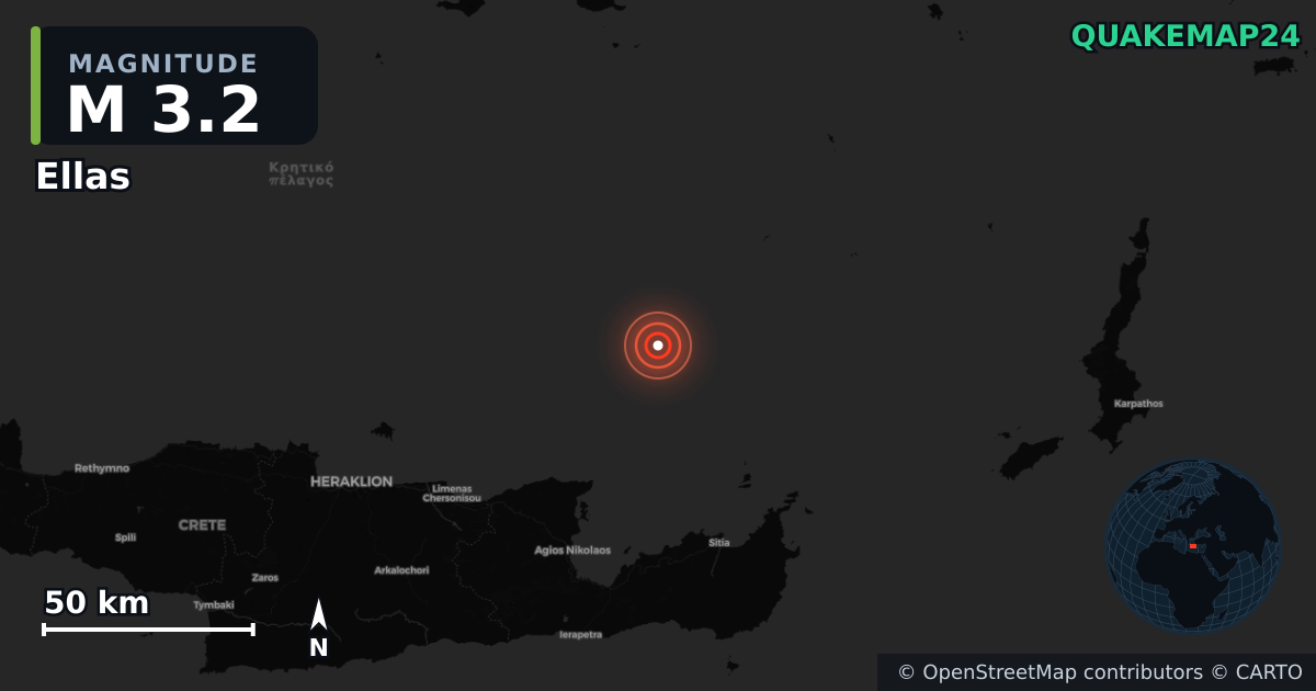 M3.2 earthquake near Ellas on Feb 14, 2026 — map of epicenter and shaking intensity | QuakeMap24