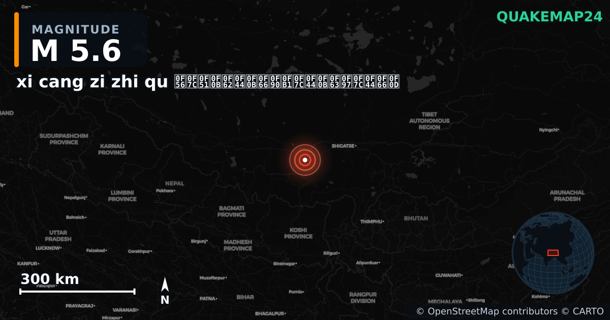 M5.6 earthquake near xi cang zi zhi qu བོད་རང་སྐྱོང་ལྗོངས། on May 11, 2025 — map of epicenter and shaking intensity | QuakeMap24