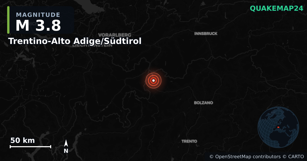 M3.8 earthquake near Trentino-Alto Adige/Südtirol on Sep 2, 2025 — map of epicenter and shaking intensity | QuakeMap24