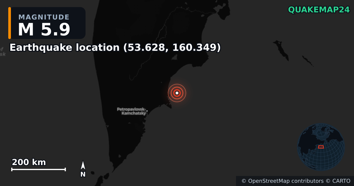 M5.9 earthquake near Deprem konumu (53.628, 160.349) on Aug 1, 2025 — map of epicenter and shaking intensity | QuakeMap24