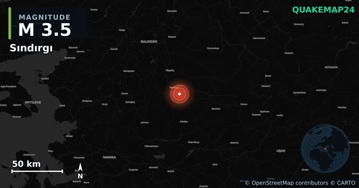 M3.5 earthquake near Sındırgı on Aug 23, 2025 — map of epicenter and shaking intensity | QuakeMap24