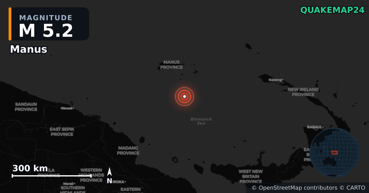 M5.2 earthquake near Manus on Jul 8, 2025 — map of epicenter and shaking intensity | QuakeMap24