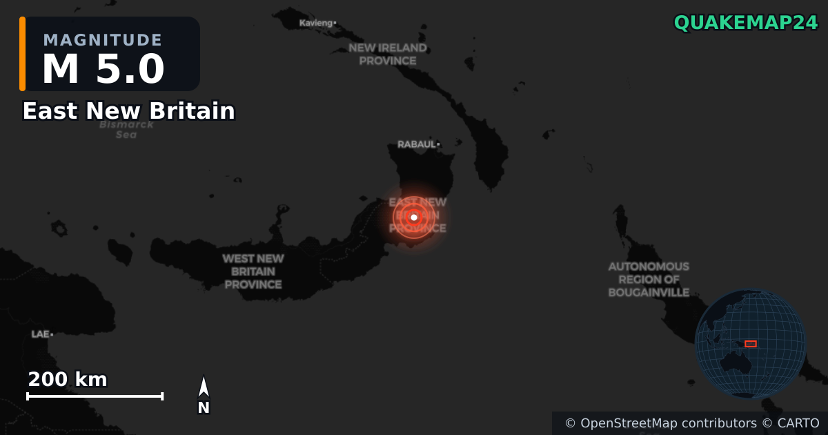 M5.0 earthquake near East New Britain on Sep 29, 2025 — map of epicenter and shaking intensity | QuakeMap24