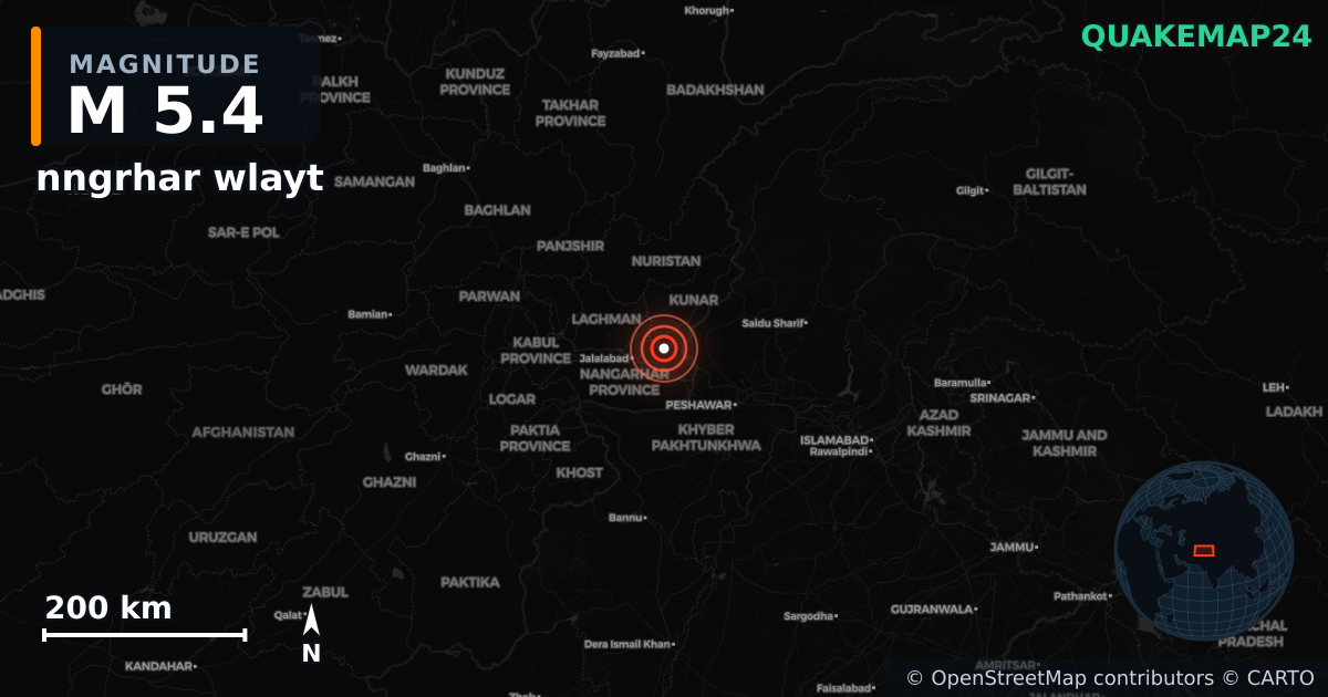 M5.4 earthquake near nngrhar wlayt on Sep 5, 2025 — map of epicenter and shaking intensity | QuakeMap24