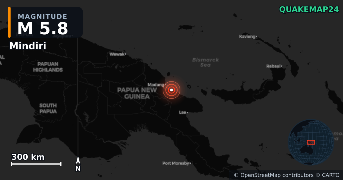 M5.8 earthquake near Mindiri on Jan 20, 2026 — map of epicenter and shaking intensity | QuakeMap24