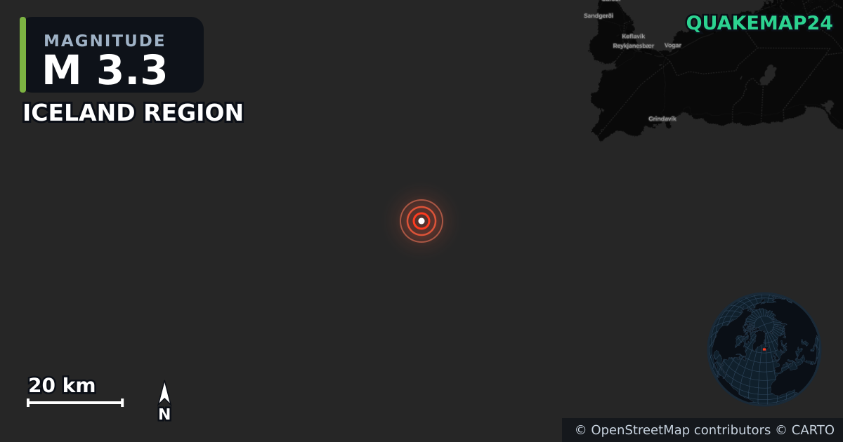 M3.3 earthquake near ICELAND REGION on Aug 6, 2025 — map of epicenter and shaking intensity | QuakeMap24