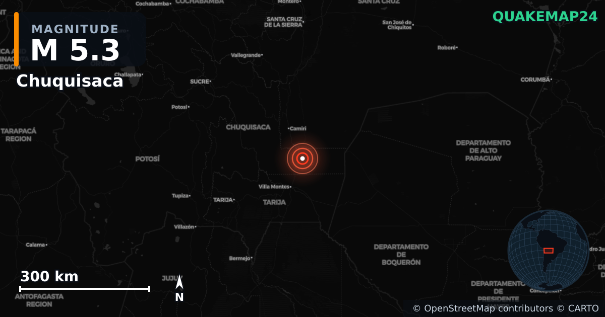 M5.3 earthquake near Chuquisaca on Dec 30, 2025 — map of epicenter and shaking intensity | QuakeMap24