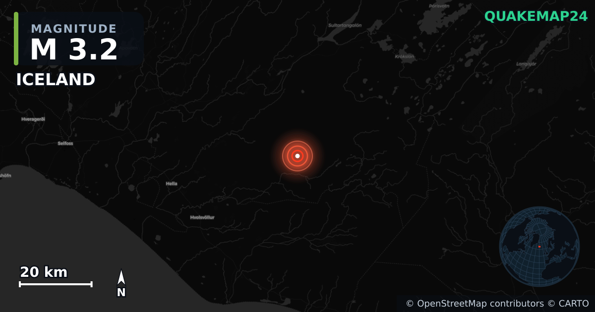 M3.2 earthquake near ICELAND on Sep 8, 2025 — map of epicenter and shaking intensity | QuakeMap24