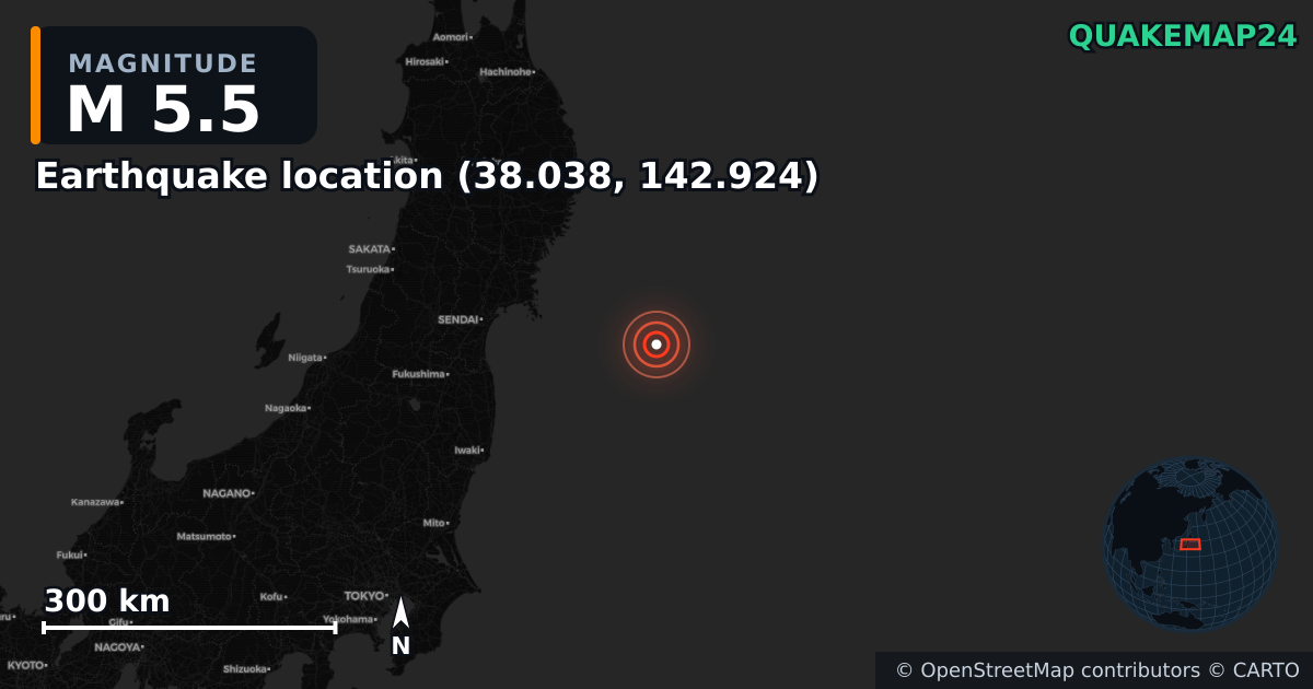 M5.5 earthquake near Deprem konumu (38.038, 142.924) on Nov 9, 2025 — map of epicenter and shaking intensity | QuakeMap24