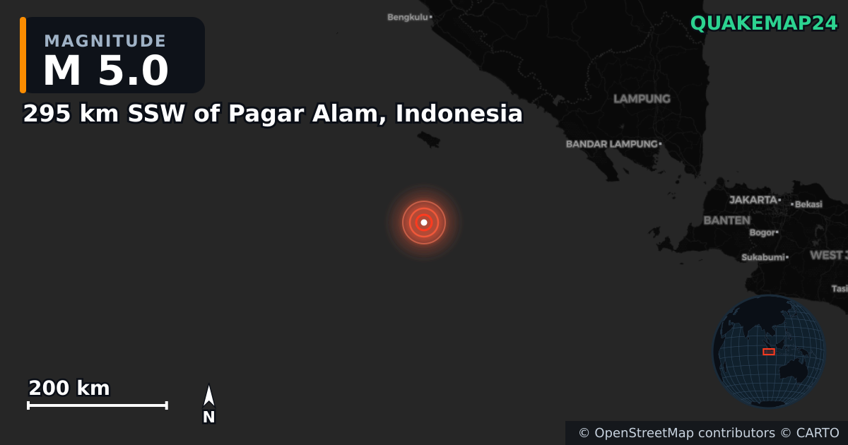 M5.0 earthquake near 295 km SSW of Pagar Alam, Indonesia on Feb 23, 2025 — map of epicenter and shaking intensity | QuakeMap24