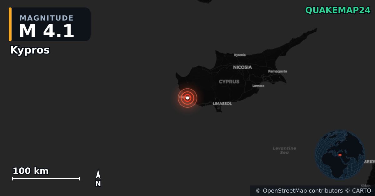 M4.1 earthquake near Kypros on Nov 12, 2025 — map of epicenter and shaking intensity | QuakeMap24
