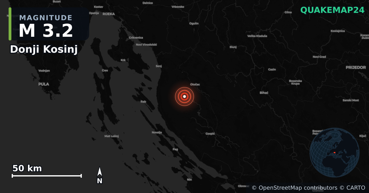 M3.2 earthquake near Donji Kosinj on Mar 1, 2026 — map of epicenter and shaking intensity | QuakeMap24